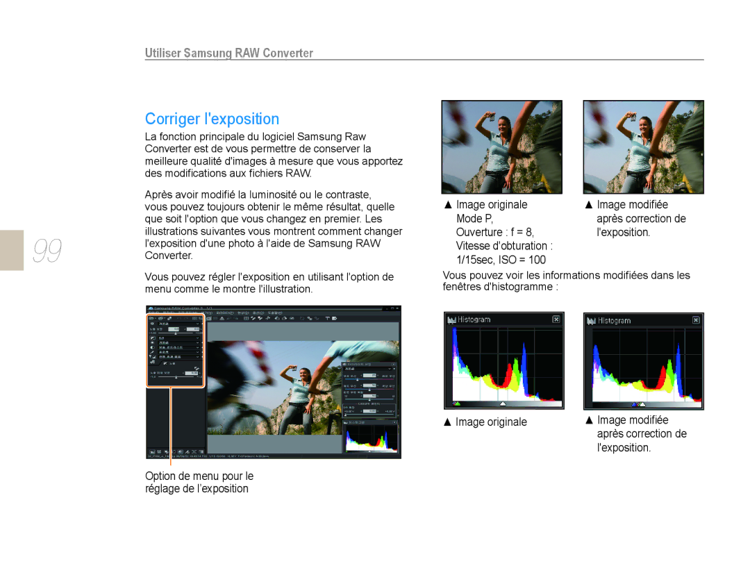 Samsung NX10PRTV07/SEF manual Utiliser Samsung RAW Converter, Lexposition dune photo à laide de Samsung RAW Converter 