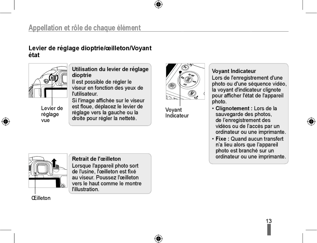 Samsung EV-NX10ZZBABUS manual Levier de réglage dioptrie/œilleton/Voyant état, Utilisation du levier de réglage dioptrie 