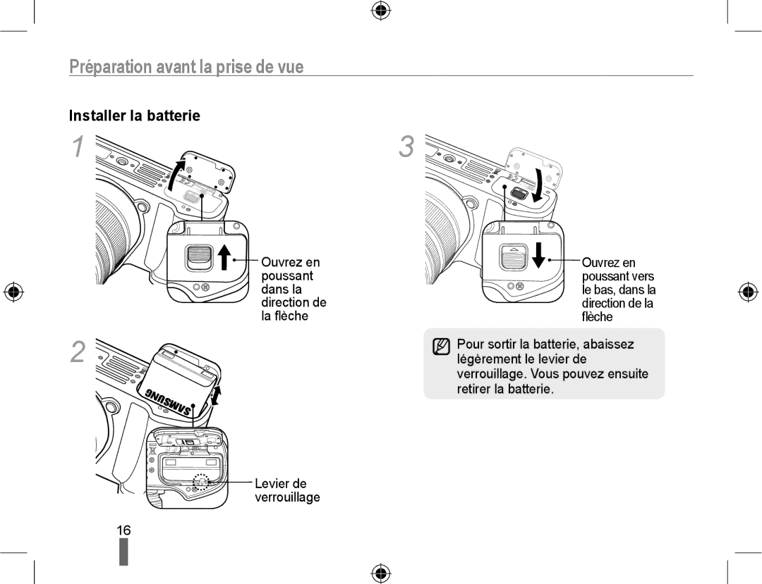 Samsung EV-NX10ZZBCBFR, EV-NX10ZZBABZA, NX10-SEED/SEF, EV-NX10ZZAAB Préparation avant la prise de vue, Installer la batterie 