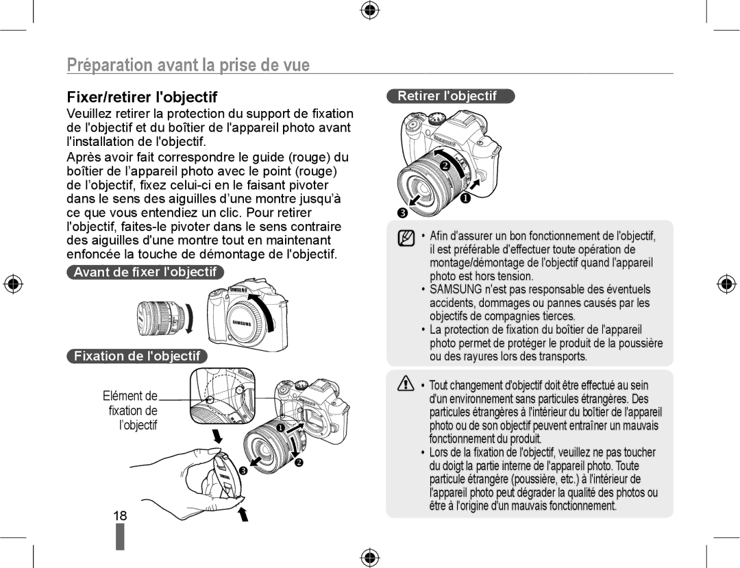 Samsung NX10PRTV05/SEF manual Fixer/retirer lobjectif, Avant de ﬁxer lobjectif Fixation de lobjectif, Retirer lobjectif 