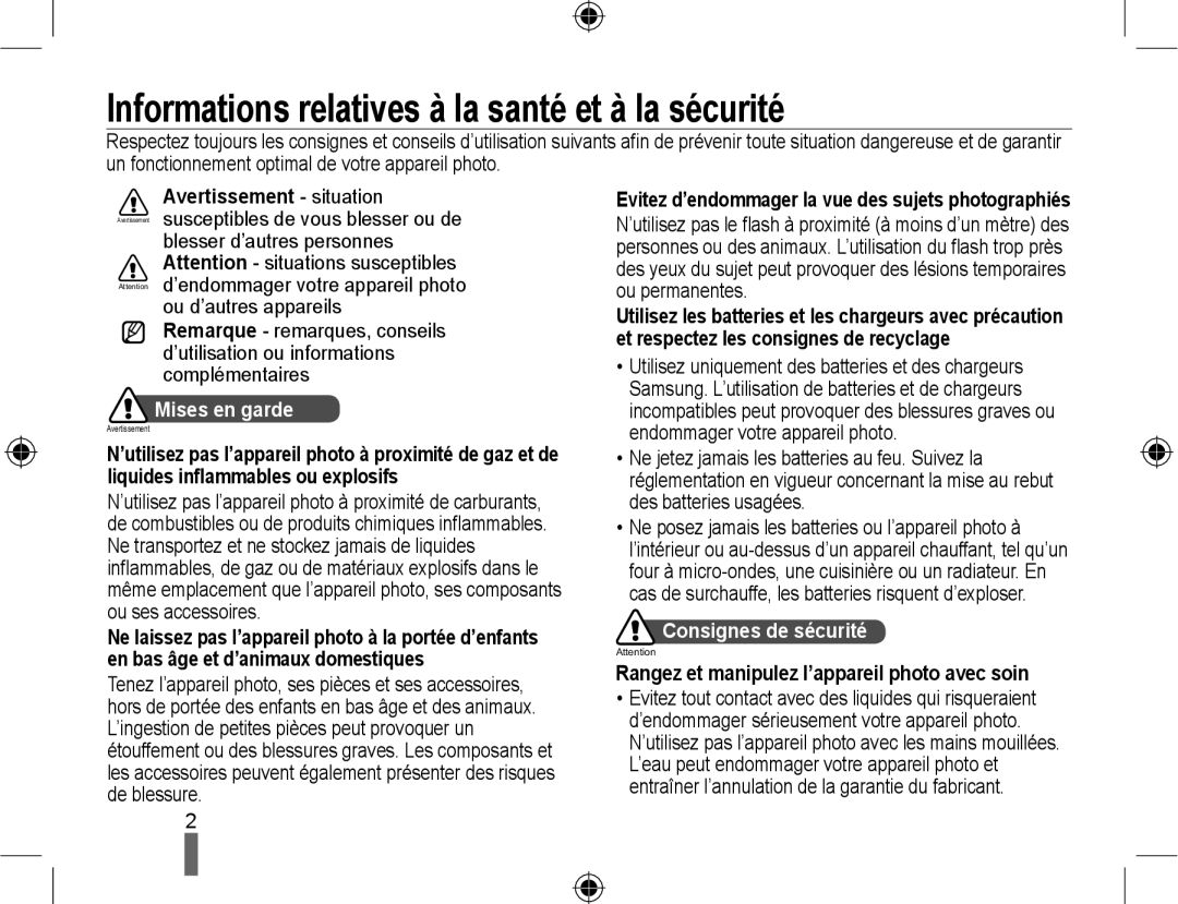 Samsung EV-NX10ZZBATFR manual Informations relatives à la santé et à la sécurité, Mises en garde, Consignes de sécurité 