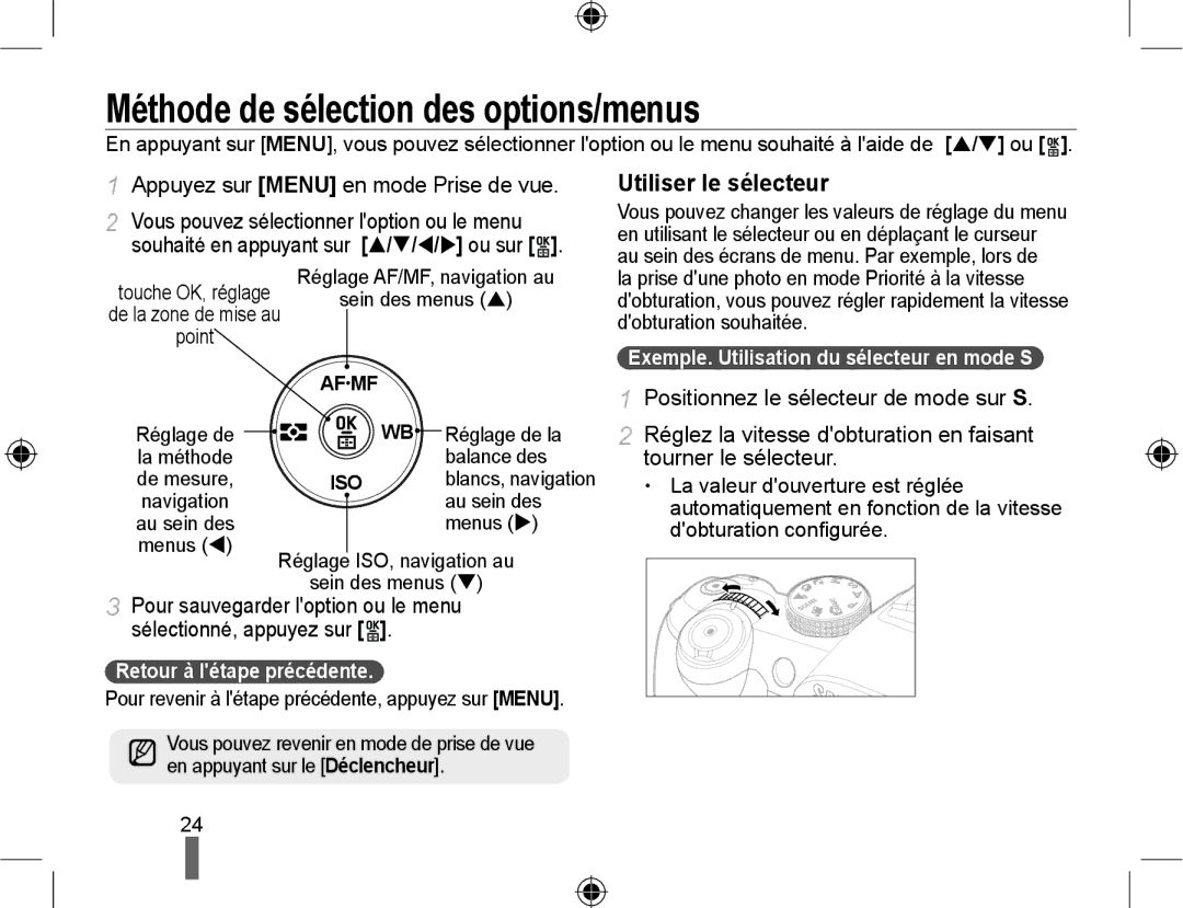 Samsung EV-NX10ZZBABFR manual Méthode de sélection des options/menus, Utiliser le sélecteur, Retour à létape précédente 