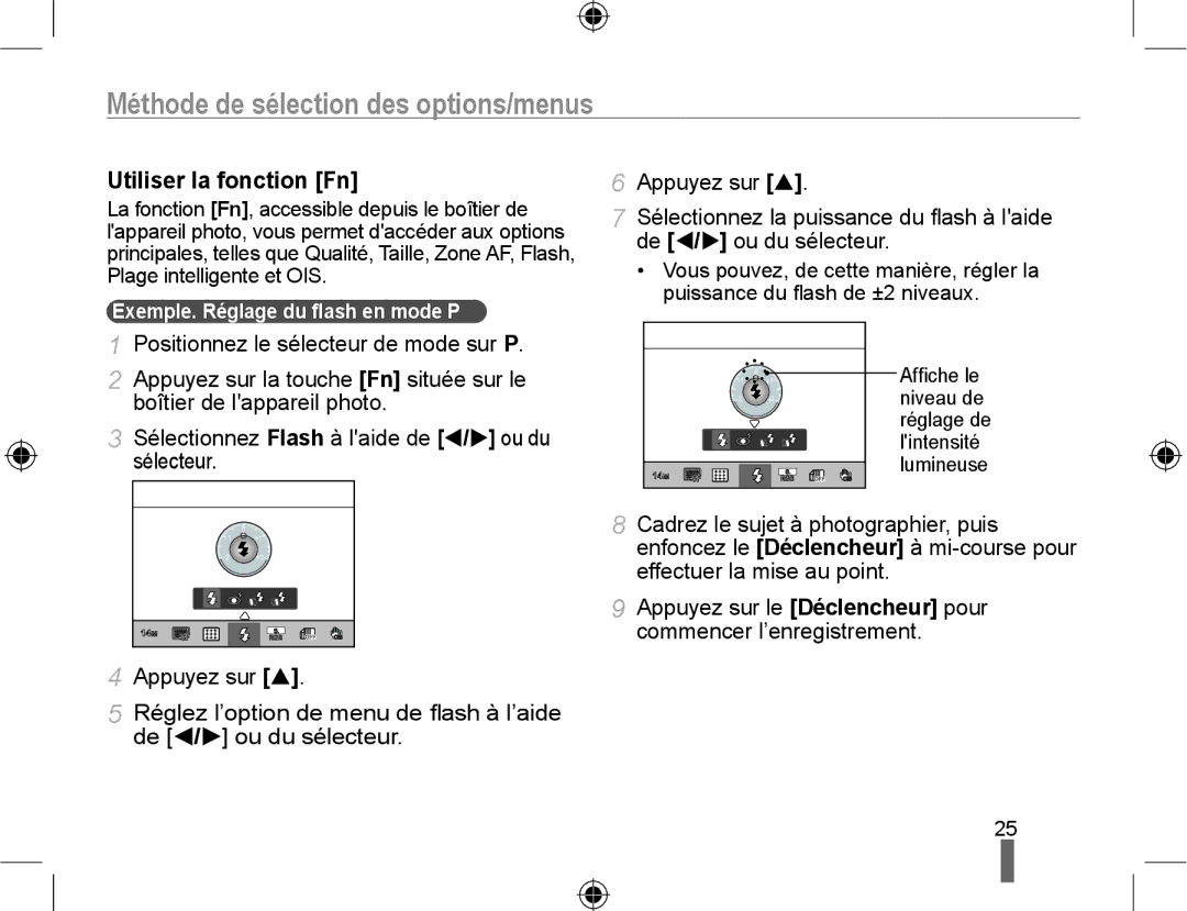 Samsung EV-NX10ZZAAB Méthode de sélection des options/menus, Utiliser la fonction Fn, Exemple. Réglage du ﬂash en mode P 