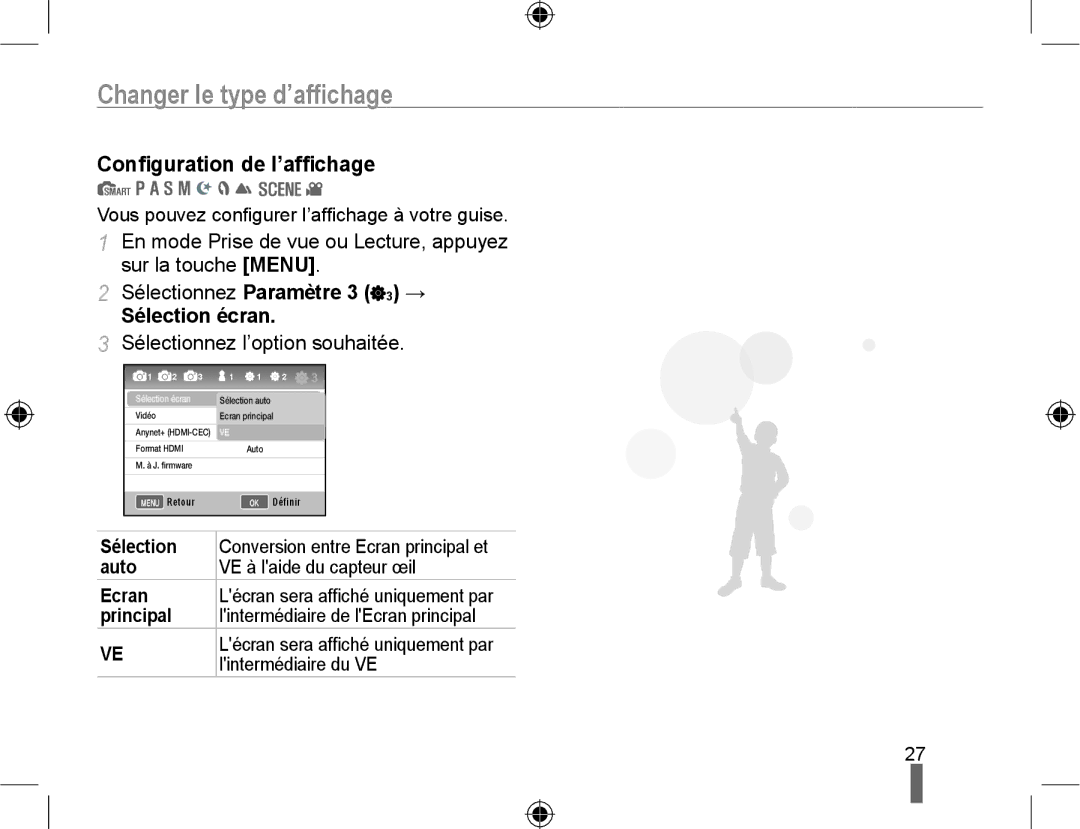 Samsung NX10PRTV06/SEF manual Changer le type d’afﬁchage, Conﬁguration de l’afﬁchage, Sélectionnez l’option souhaitée 