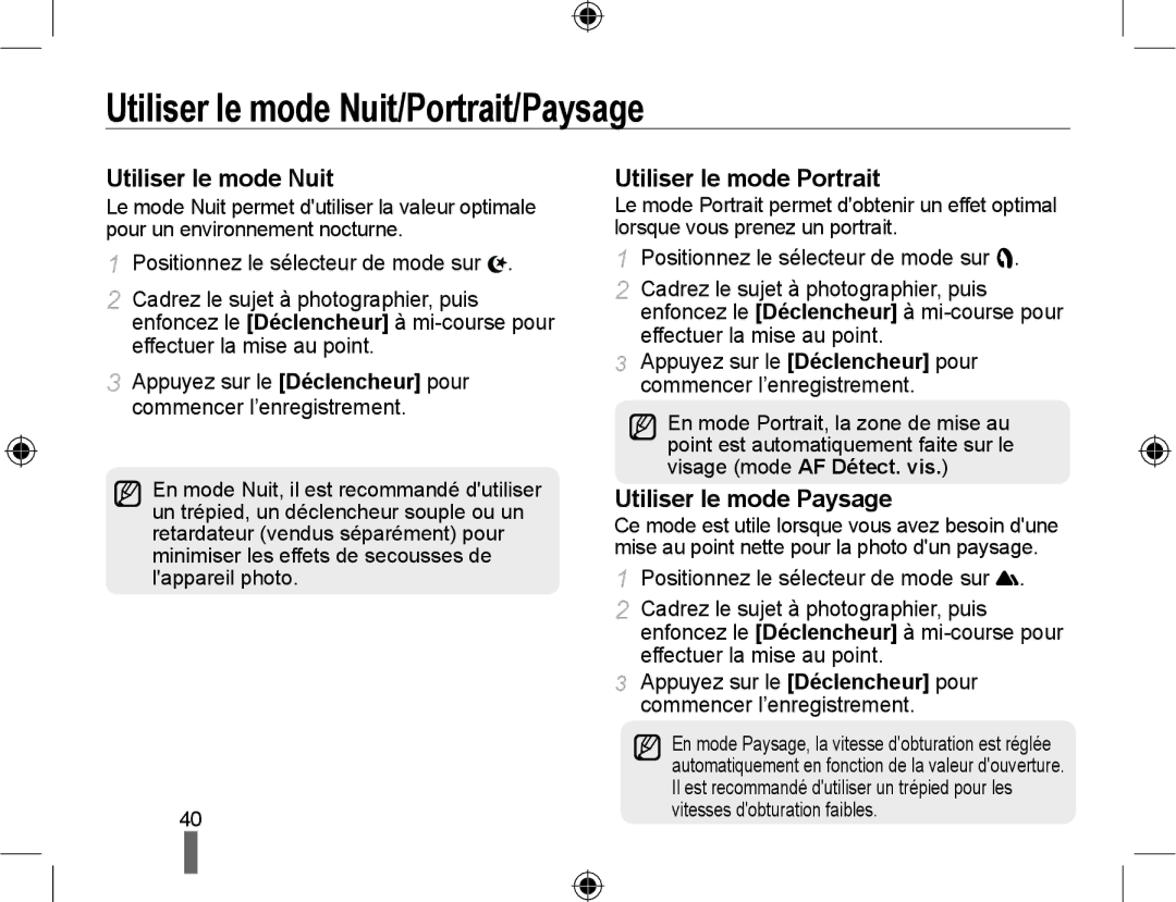 Samsung EV-NX10ZZBABZA manual Utiliser le mode Nuit/Portrait/Paysage, Utiliser le mode Portrait, Utiliser le mode Paysage 