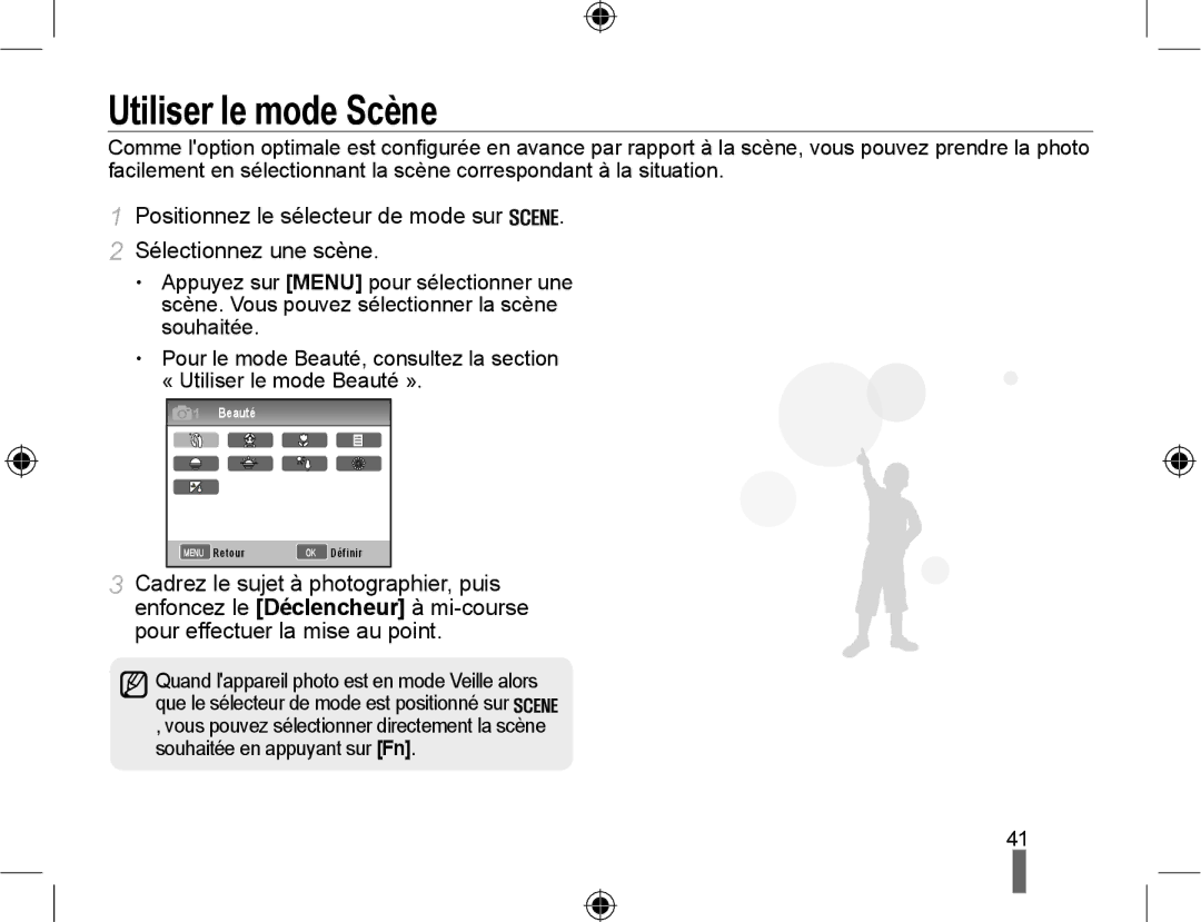 Samsung NX10-SEED/SEF, EV-NX10ZZBABZA Utiliser le mode Scène, Positionnez le sélecteur de mode sur Sélectionnez une scène 