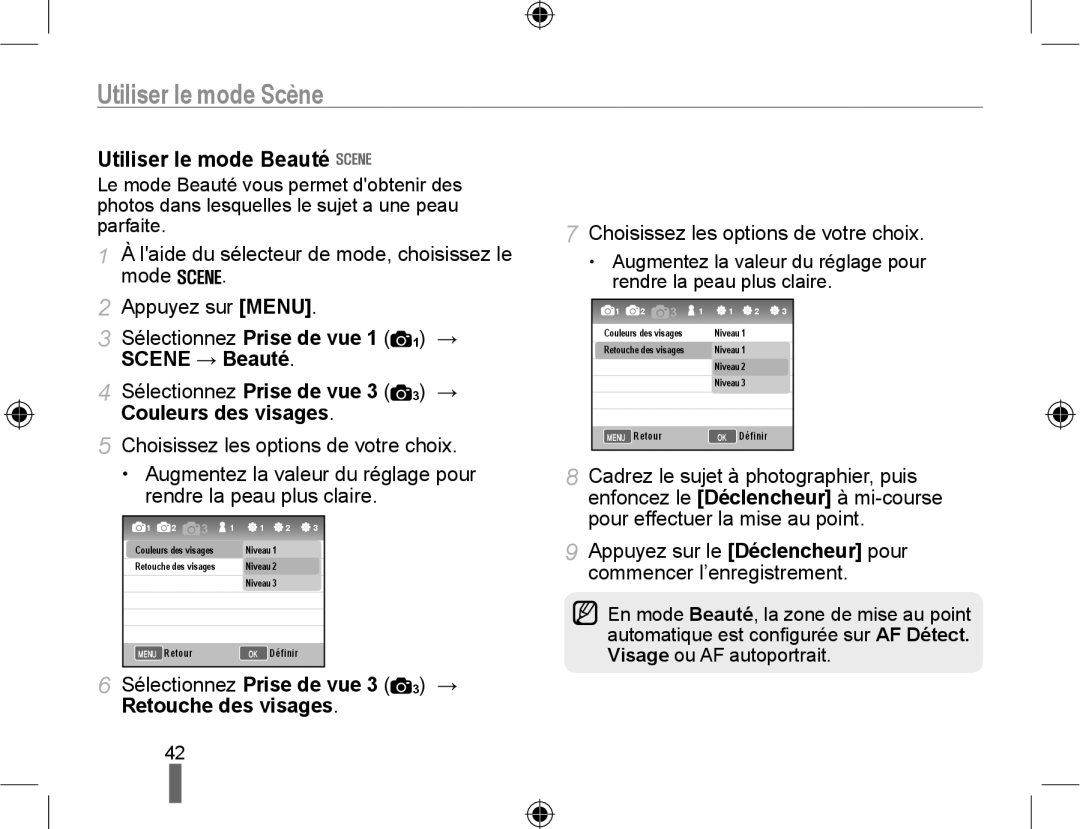 Samsung EV-NX10ZZBATFR, EV-NX10ZZBABZA, NX10-SEED/SEF, EV-NX10ZZBABUS manual Utiliser le mode Scène, Utiliser le mode Beauté 