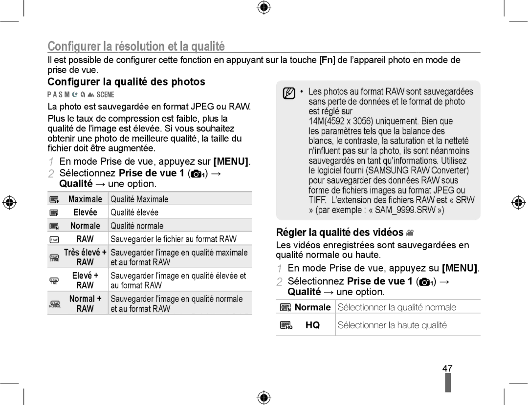 Samsung NX10PRTV06/SEF manual Conﬁgurer la résolution et la qualité, Conﬁgurer la qualité des photos, Et au format RAW 