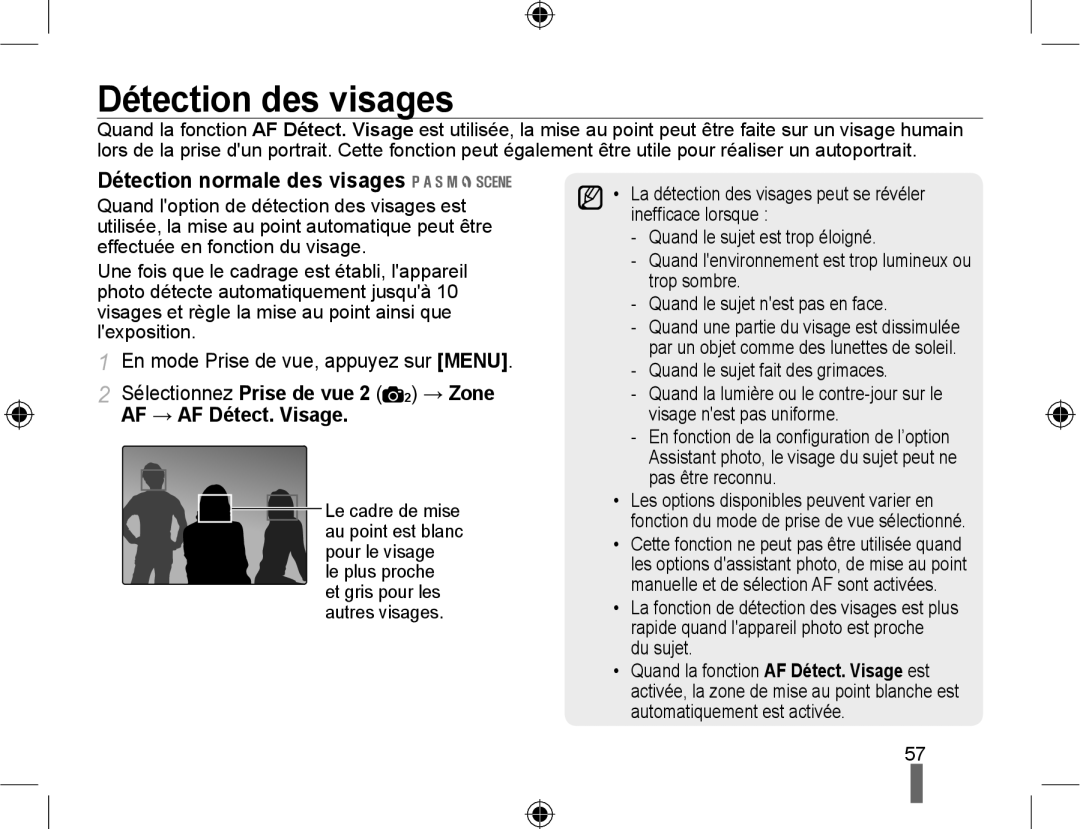 Samsung NX10PRTV06/SEF manual Détection des visages, Détection normale des visages, Quand le sujet fait des grimaces 