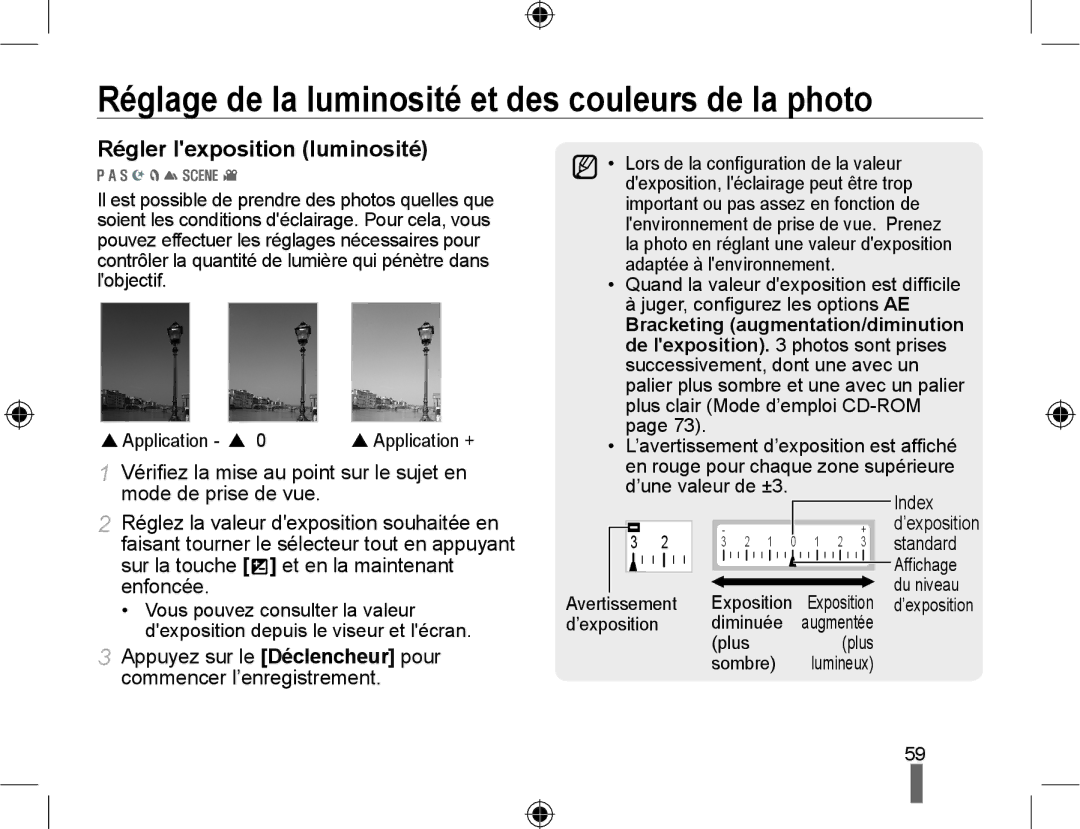 Samsung NX10PRTV07/SEF, EV-NX10ZZBABZA Réglage de la luminosité et des couleurs de la photo, Régler lexposition luminosité 