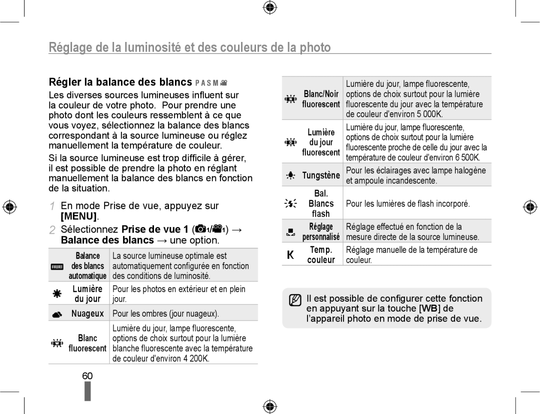 Samsung EV-NX10ZZBABZA, NX10-SEED/SEF Réglage de la luminosité et des couleurs de la photo, Régler la balance des blancs 