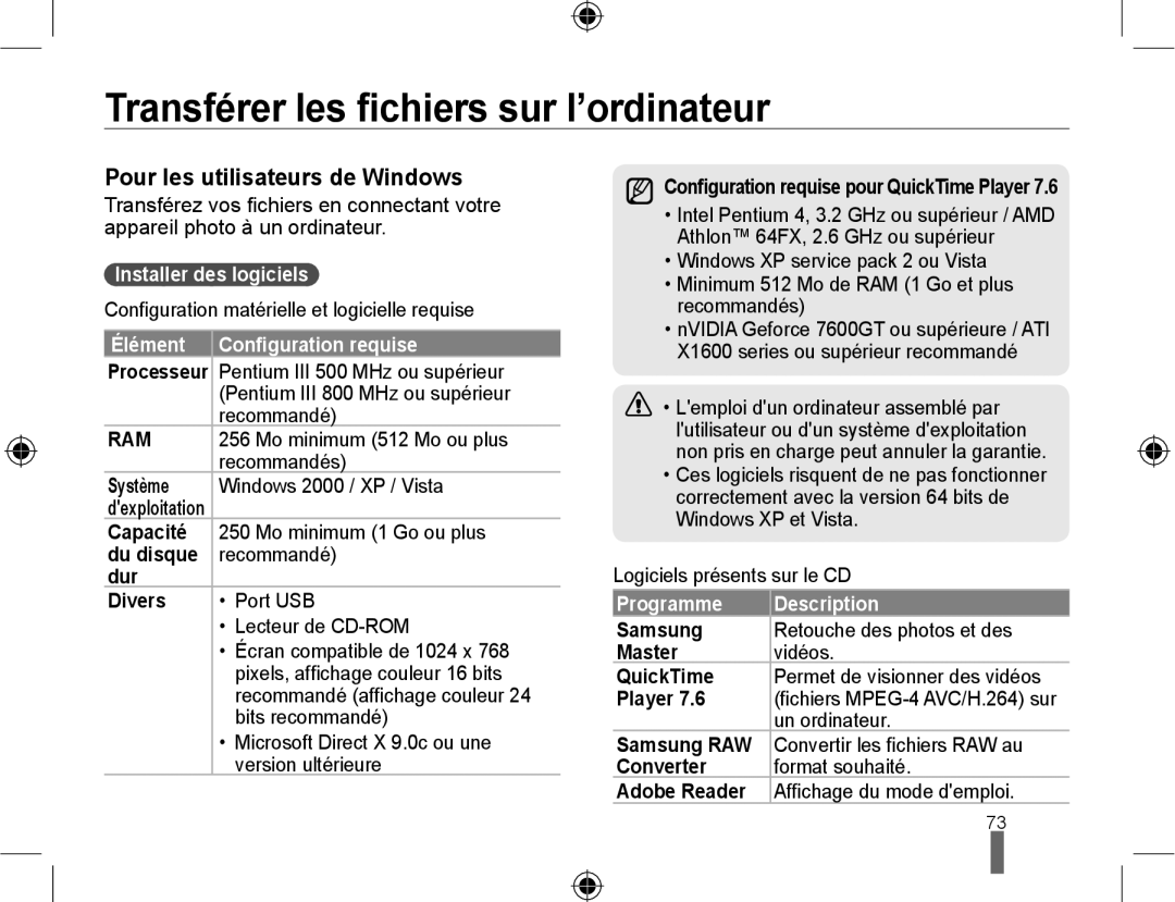 Samsung EV-NX10ZZBABUS Transférer les ﬁchiers sur l’ordinateur, Pour les utilisateurs de Windows, Installer des logiciels 