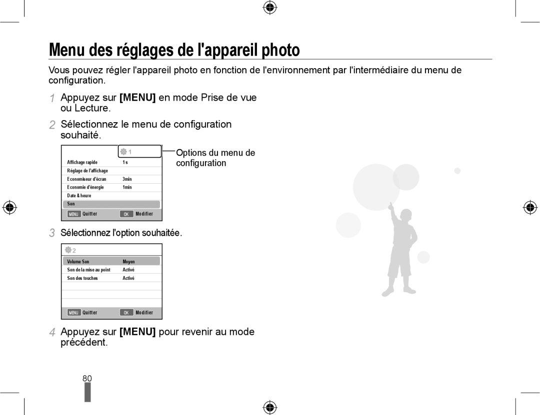 Samsung EV-NX10ZZBABZA, EV-NX10ZZAAB Menu des réglages de lappareil photo, Appuyez sur Menu pour revenir au mode précédent 