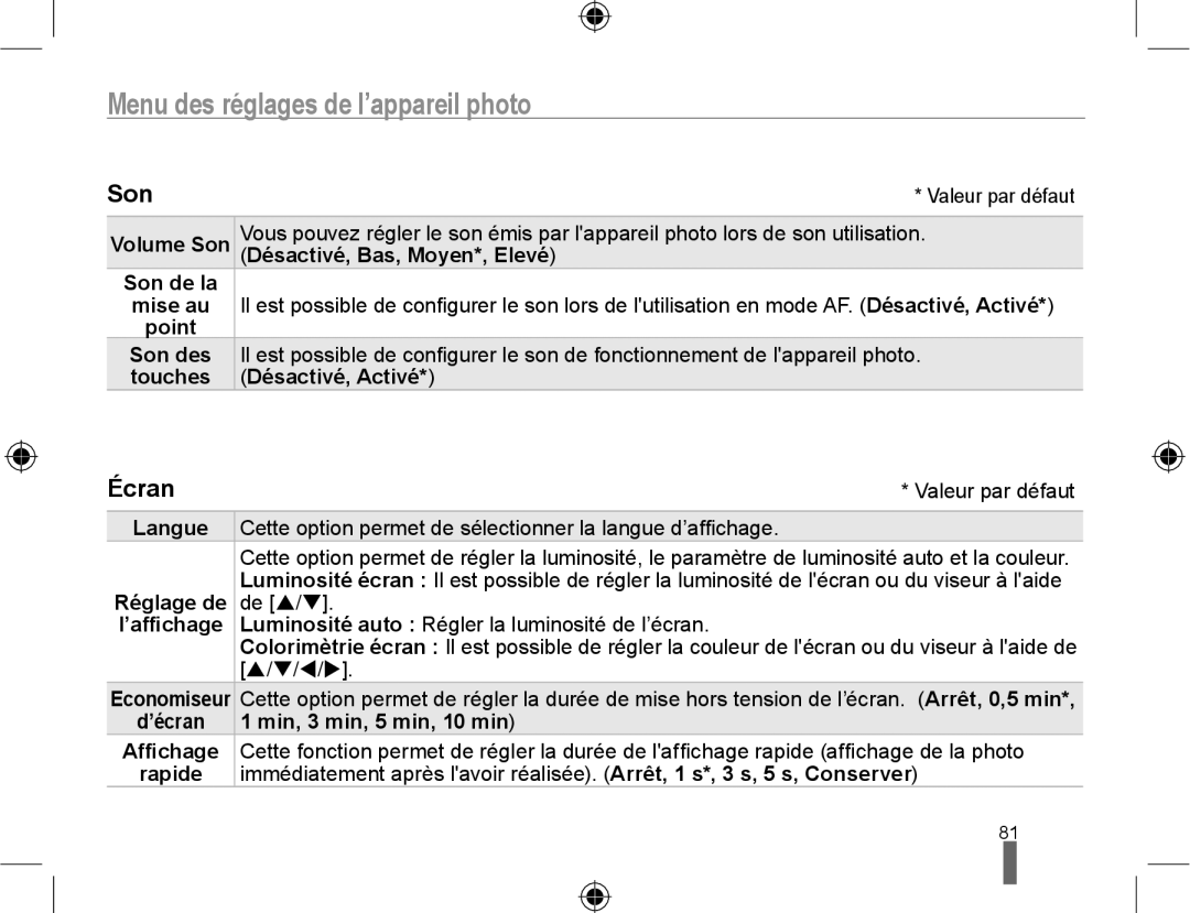 Samsung NX10-SEED/SEF, EV-NX10ZZBABZA, EV-NX10ZZBATFR, EV-NX10ZZBABUS manual Menu des réglages de l’appareil photo, Son, Écran 