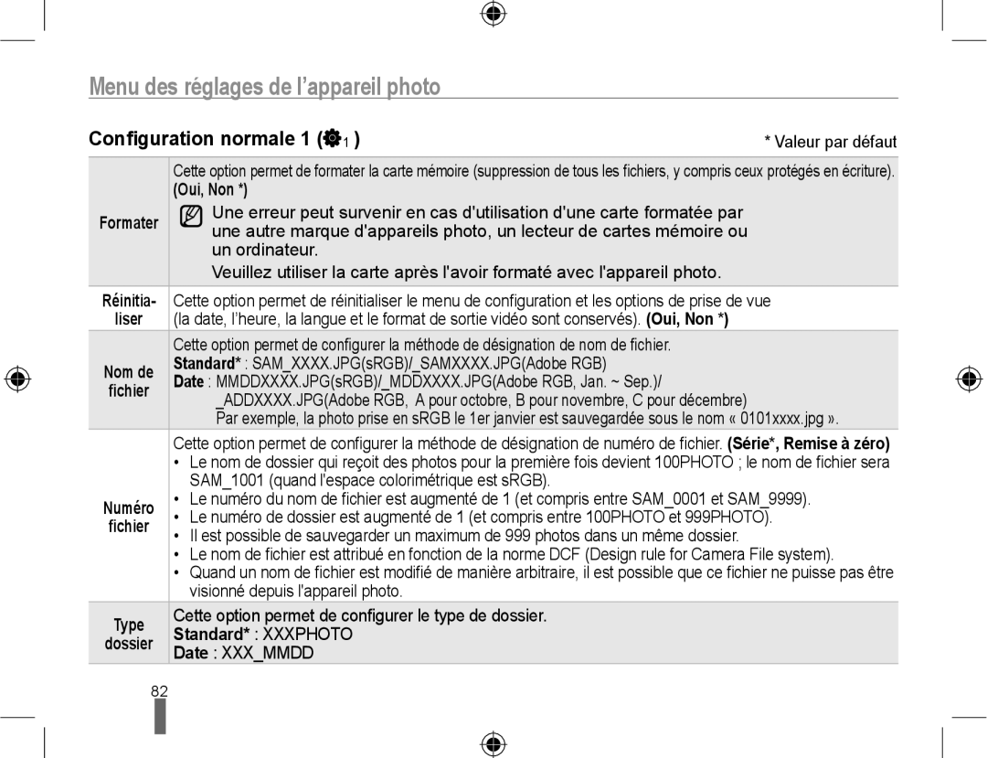 Samsung EV-NX10ZZBATFR, EV-NX10ZZBABZA, NX10-SEED/SEF manual Conﬁguration normale 1, Oui, Non Formater, Standard* Xxxphoto 