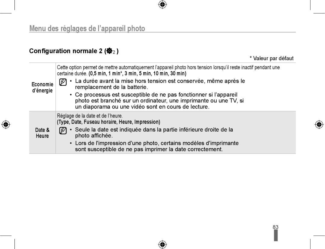 Samsung EV-NX10ZZBABUS, EV-NX10ZZBABZA, NX10-SEED/SEF Conﬁguration normale 2, Type, Date, Fuseau horaire, Heure, Impression 