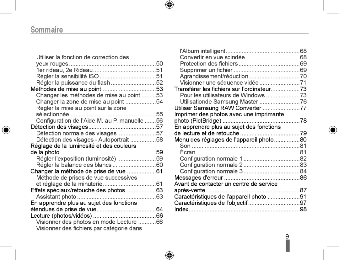 Samsung NX10PRTV07/SEF manual Sommaire, Imprimer des photos avec une imprimante, En apprendre plus au sujet des fonctions 