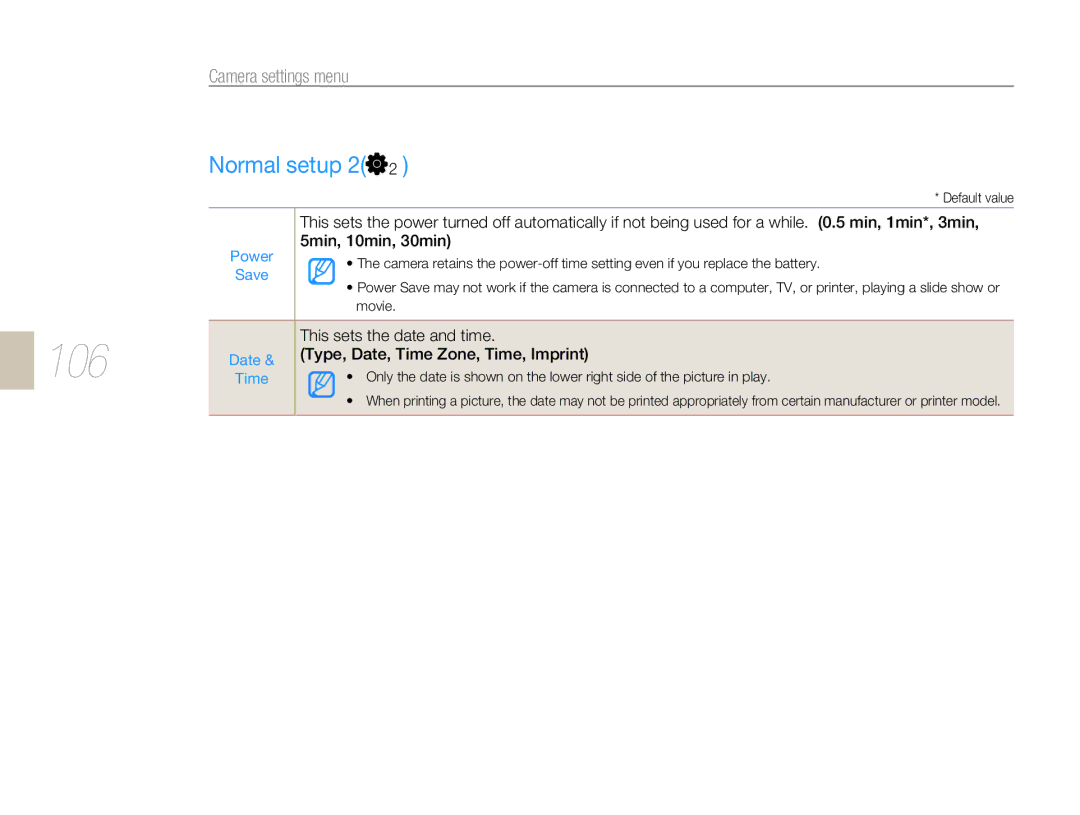 Samsung NX10PRTV04/SUK, EV-NX10ZZBABZA, NX10RHZA03/SUK, NX10PRTV04/SEG, EV-NX10ZZBABDE manual 106, Normal setup 2, Power 