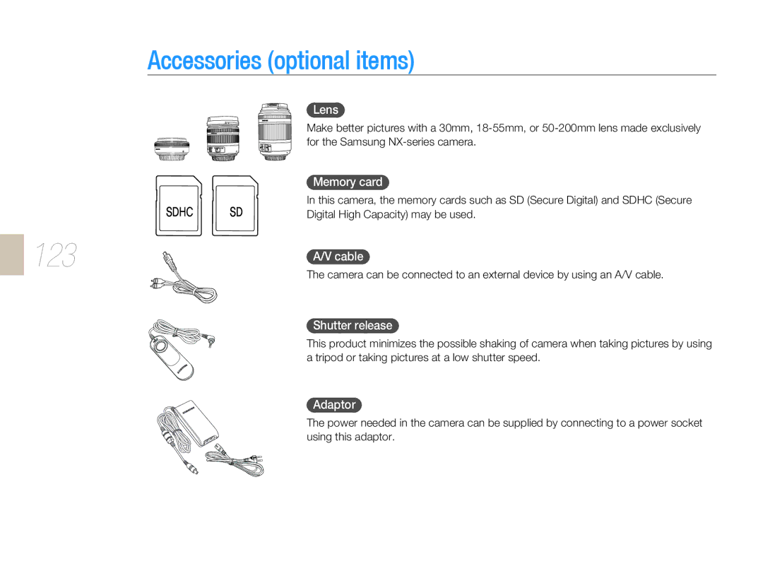 Samsung EV-NX10ZZBABIT, EV-NX10ZZBABZA, NX10RHZA03/SUK, NX10PRTV04/SUK, NX10PRTV04/SEG manual Accessories optional items, 123 