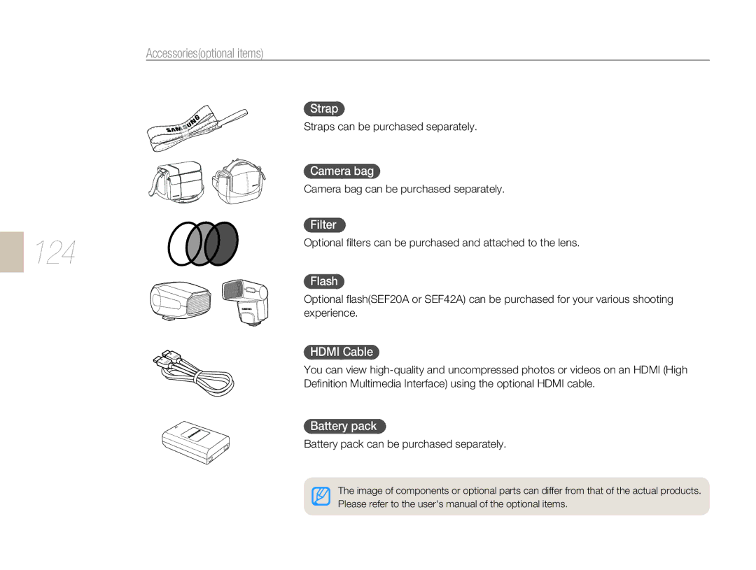 Samsung NX10RH08M3/SES, EV-NX10ZZBABZA, NX10RHZA03/SUK, NX10PRTV04/SUK, NX10PRTV04/SEG manual 124, Accessoriesoptional items 