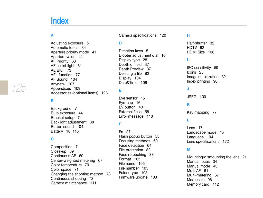 Samsung EV-NX10ZZBCBES, EV-NX10ZZBABZA, NX10RHZA03/SUK, NX10PRTV04/SUK, NX10PRTV04/SEG, EV-NX10ZZBABDE, EV-NX10ZZAAB Index, 125 