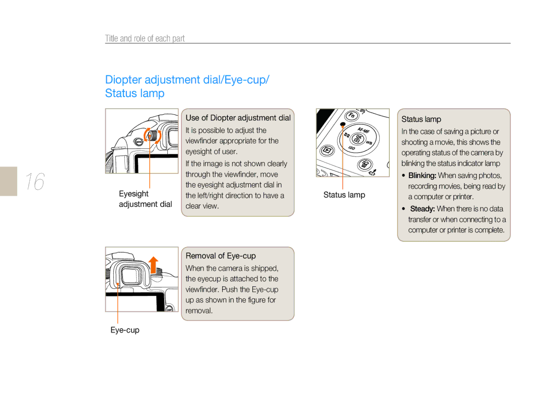 Samsung NX10PRTV05/SEF manual Diopter adjustment dial/Eye-cup/ Status lamp, Clear view Status lamp, Removal of Eye-cup 