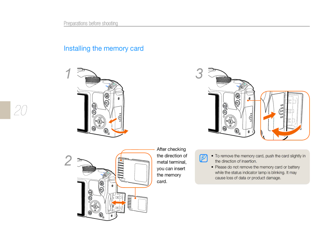 Samsung NX10RH08M3/SES, EV-NX10ZZBABZA, NX10RHZA03/SUK, NX10PRTV04/SUK, NX10PRTV04/SEG manual Installing the memory card 