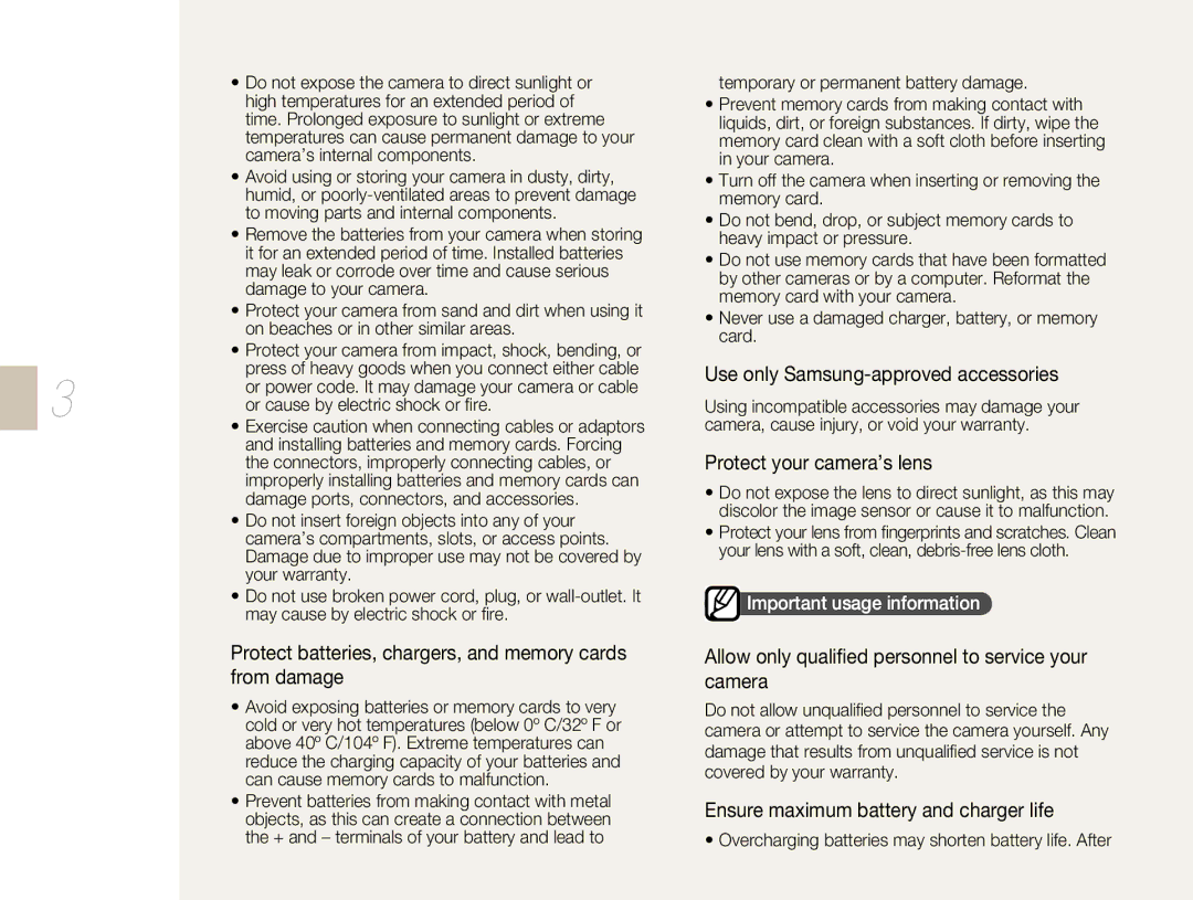 Samsung NX10PRTV04/SEG Protect batteries, chargers, and memory cards from damage, Use only Samsung-approved accessories 