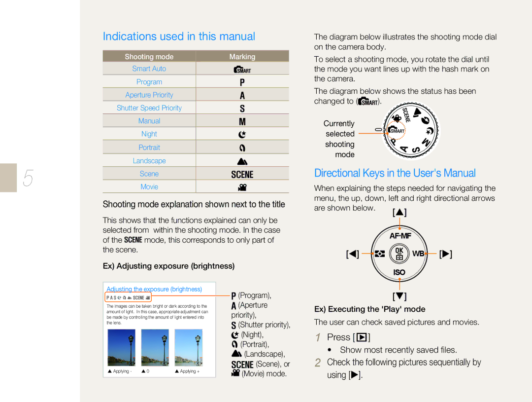 Samsung EV-NX10ZZBABUA Indications used in this manual, Shooting mode explanation shown next to the title, Press, Marking 