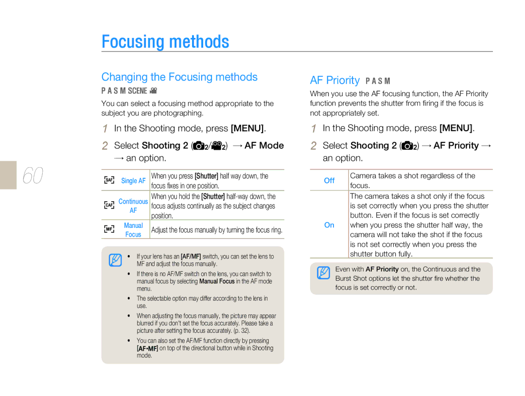 Samsung NX10RH08NH/SEG, EV-NX10ZZBABZA manual Changing the Focusing methods, Focus ﬁxes in one position, Position 