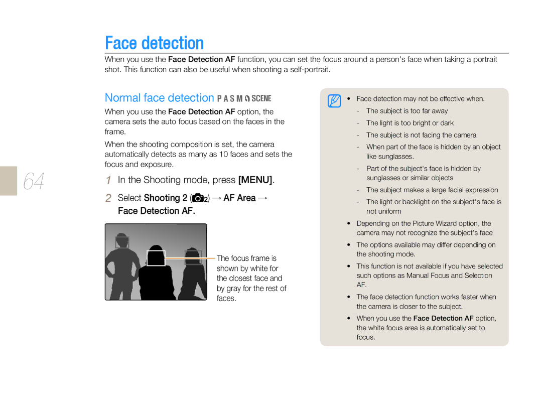 Samsung EV-NX10ZZBABFR, EV-NX10ZZBABZA, NX10RHZA03/SUK manual Face detection, Normal face detection, Face Detection AF 