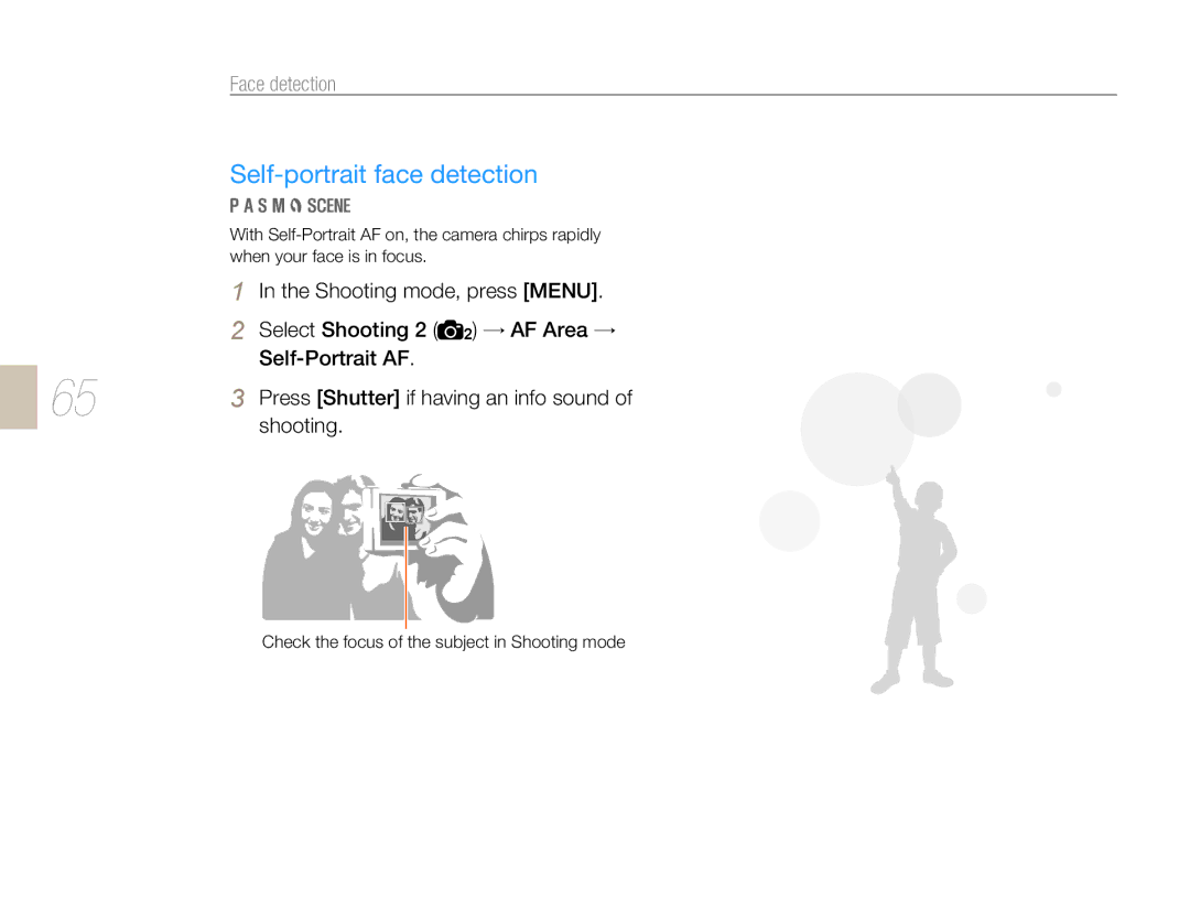 Samsung EV-NX10ZZAAB manual Self-portrait face detection, Face detection, Check the focus of the subject in Shooting mode 