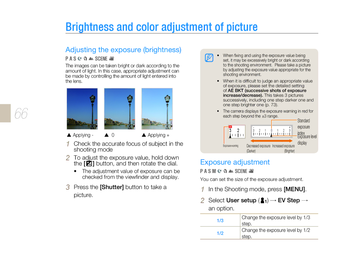 Samsung EV-NX10ZZBCBFR Brightness and color adjustment of picture, Adjusting the exposure brightness, Exposure adjustment 