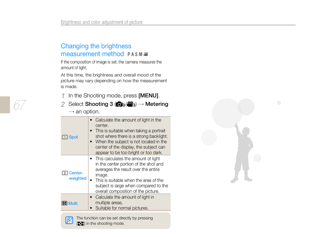 Samsung NX10PRTV06/SEF manual Changing the brightness measurement method, Brightness and color adjustment of picture 