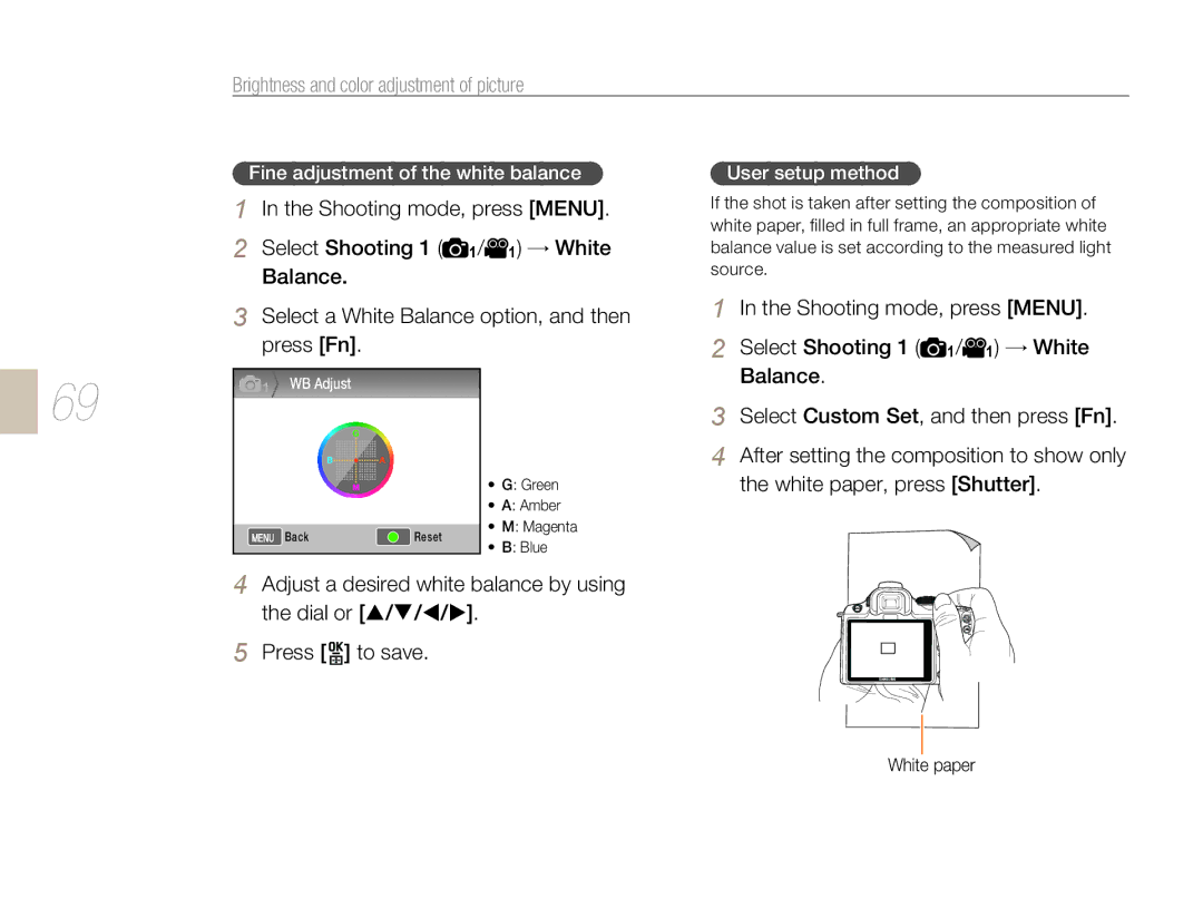 Samsung NX10PRTV07/SEF, EV-NX10ZZBABZA manual Balance, Select Custom Set, and then press Fn, White paper, press Shutter 