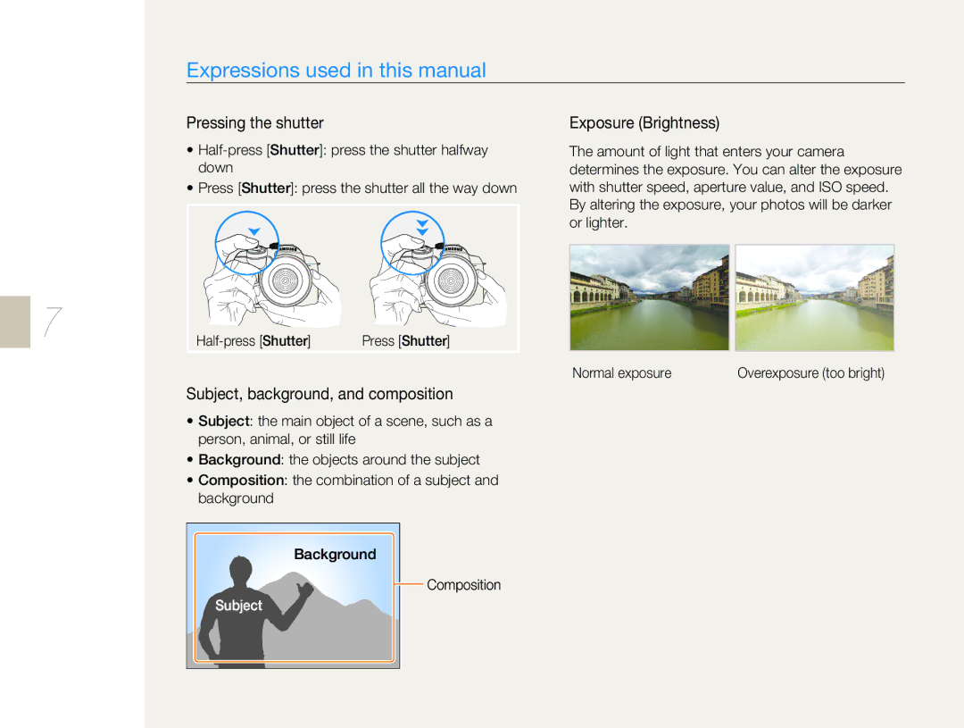 Samsung NX10-SEED/SEG Expressions used in this manual, Pressing the shutter, Subject, background, and composition 