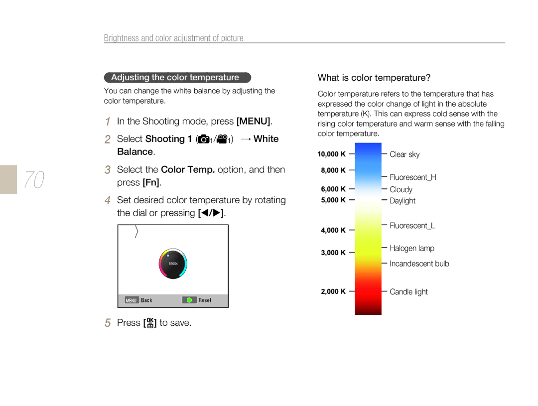 Samsung EV-NX10ZZBCBIT, EV-NX10ZZBABZA, NX10RHZA03/SUK, NX10PRTV04/SUK Select the Color Temp. option, and then, Press Fn 