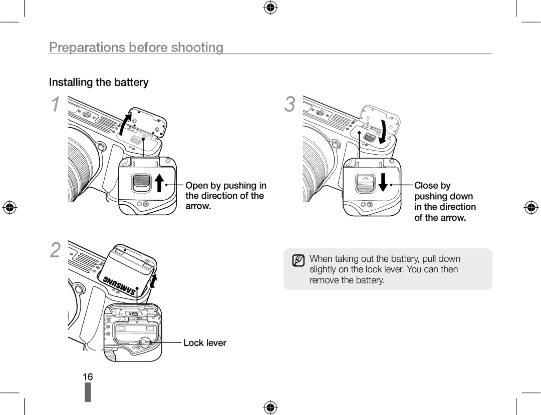 Samsung NX10PRTV05/SEF, NX10-SEED/SEG Preparations before shooting, Installing the battery, Remove the battery, Lock lever 