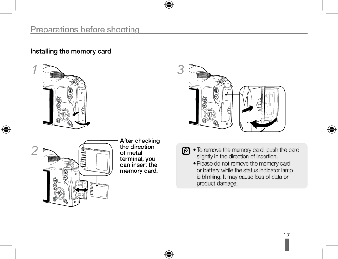 Samsung NX10PRTV07/SEF, EV-NX10ZZBABZA, NX10RHZA03/SUK, NX10PRTV04/SUK, NX10PRTV04/SEG manual Installing the memory card 