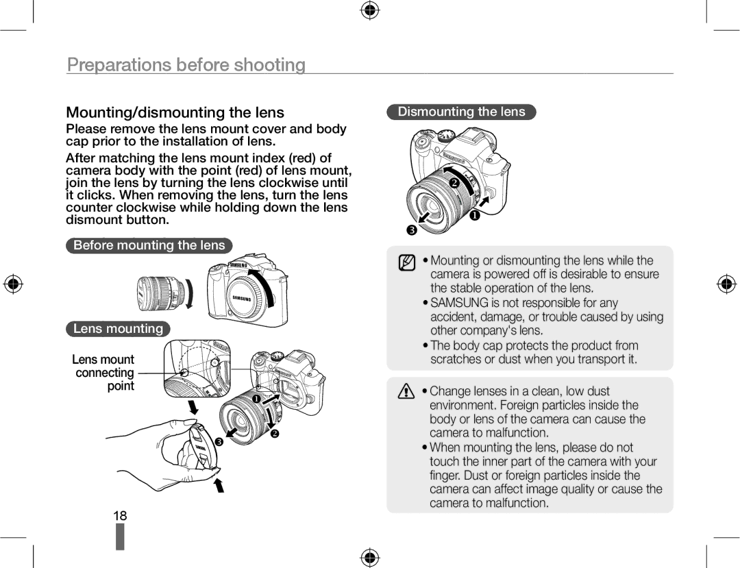 Samsung EV-NX10ZZBCBIT manual Mounting/dismounting the lens, Before mounting the lens Lens mounting, Dismounting the lens 