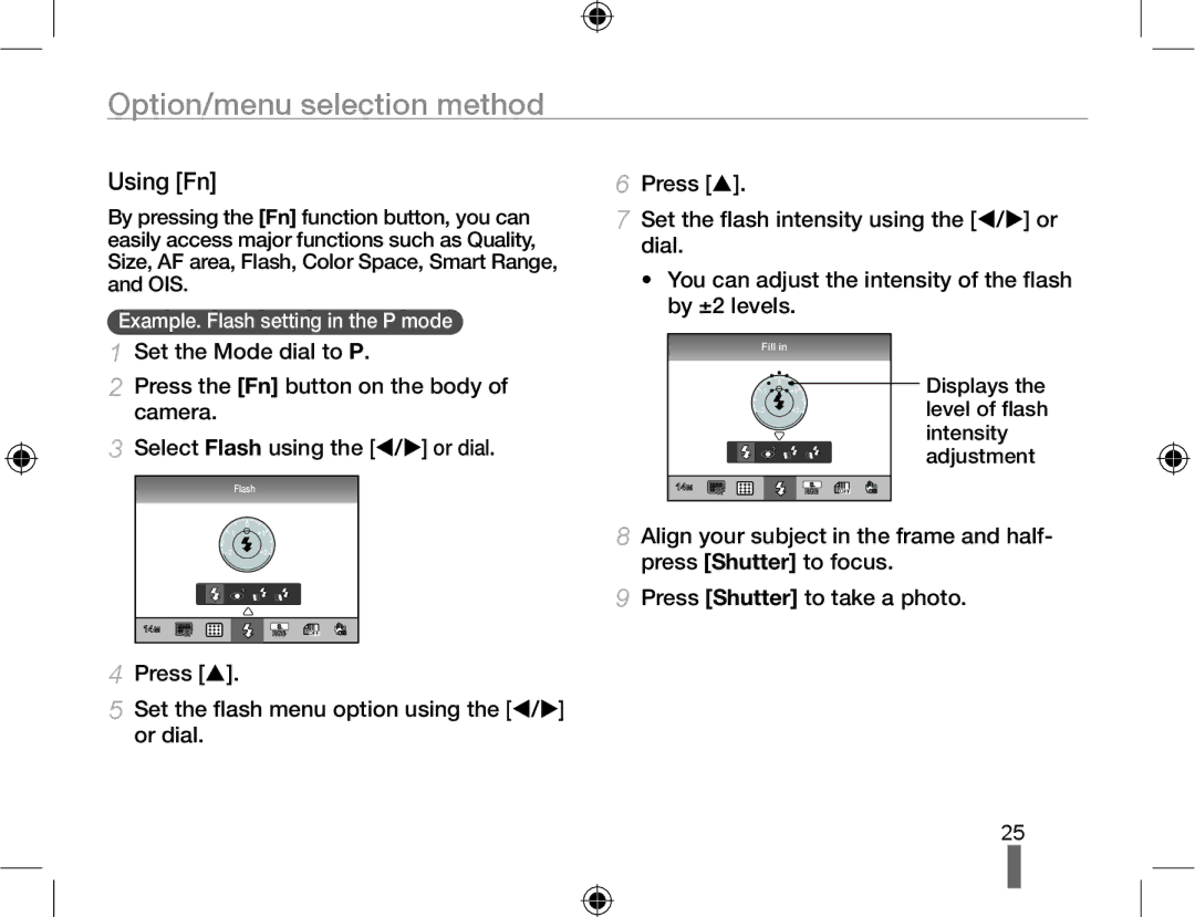 Samsung EV-NX10ZZBABES, EV-NX10ZZBABZA manual Option/menu selection method, Using Fn, Example. Flash setting in the P mode 
