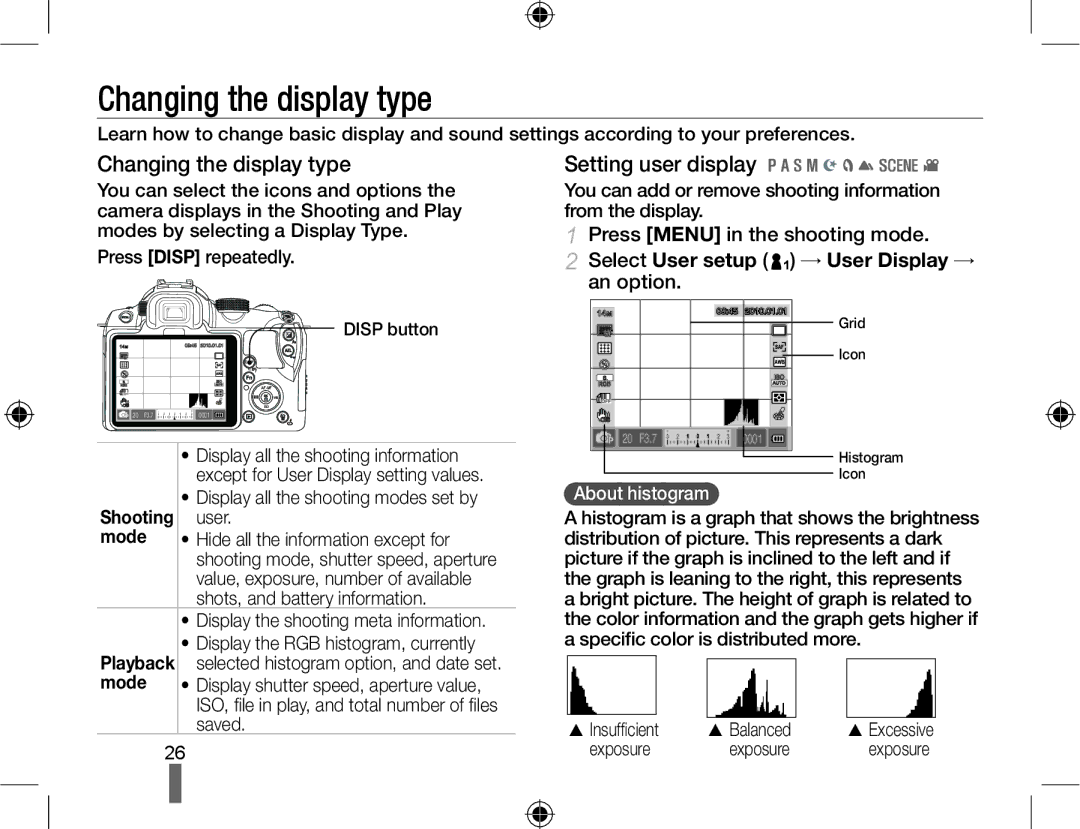 Samsung NX10PRTV01/SES, EV-NX10ZZBABZA Changing the display type, Setting user display, Press Menu in the shooting mode 