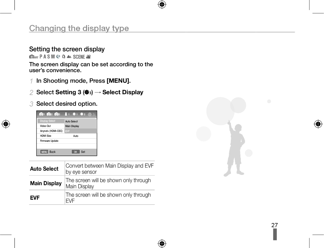 Samsung EV-NX10ZZBABSA, EV-NX10ZZBABZA Changing the display type, Setting the screen display, Shooting mode, Press Menu 