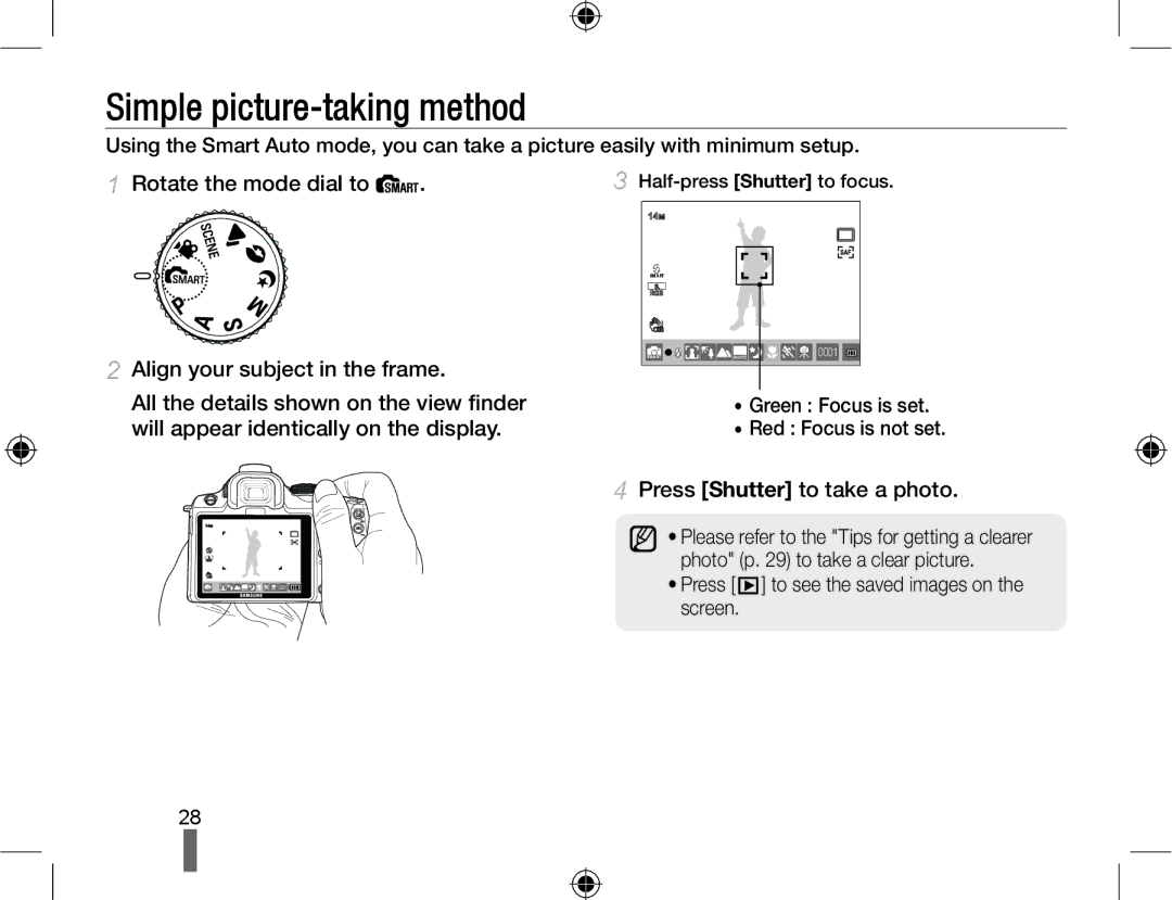 Samsung EV-NX10ZZBABIL, EV-NX10ZZBABZA, NX10-SEED/SEG Simple picture-taking method, Green Focus is set Red Focus is not set 