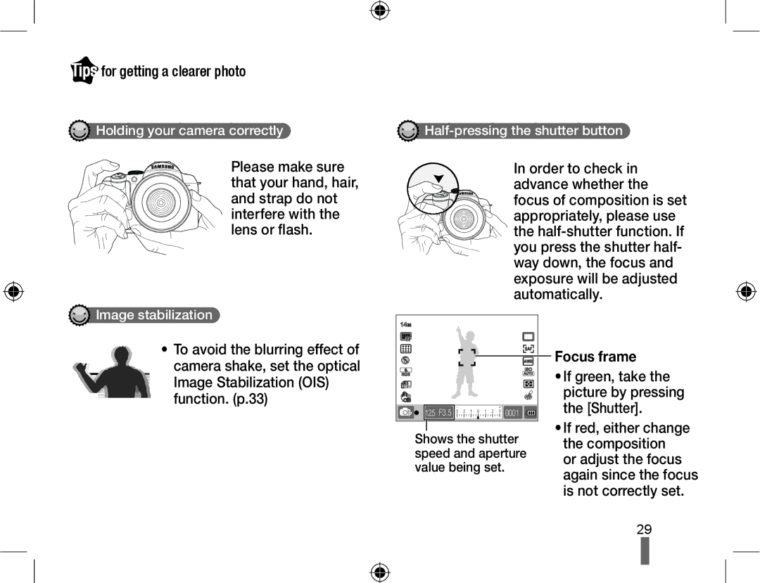 Samsung EV-NX10ZZBABIR Tips for getting a clearer photo, Focus frame, Holding your camera correctly, Image stabilization 