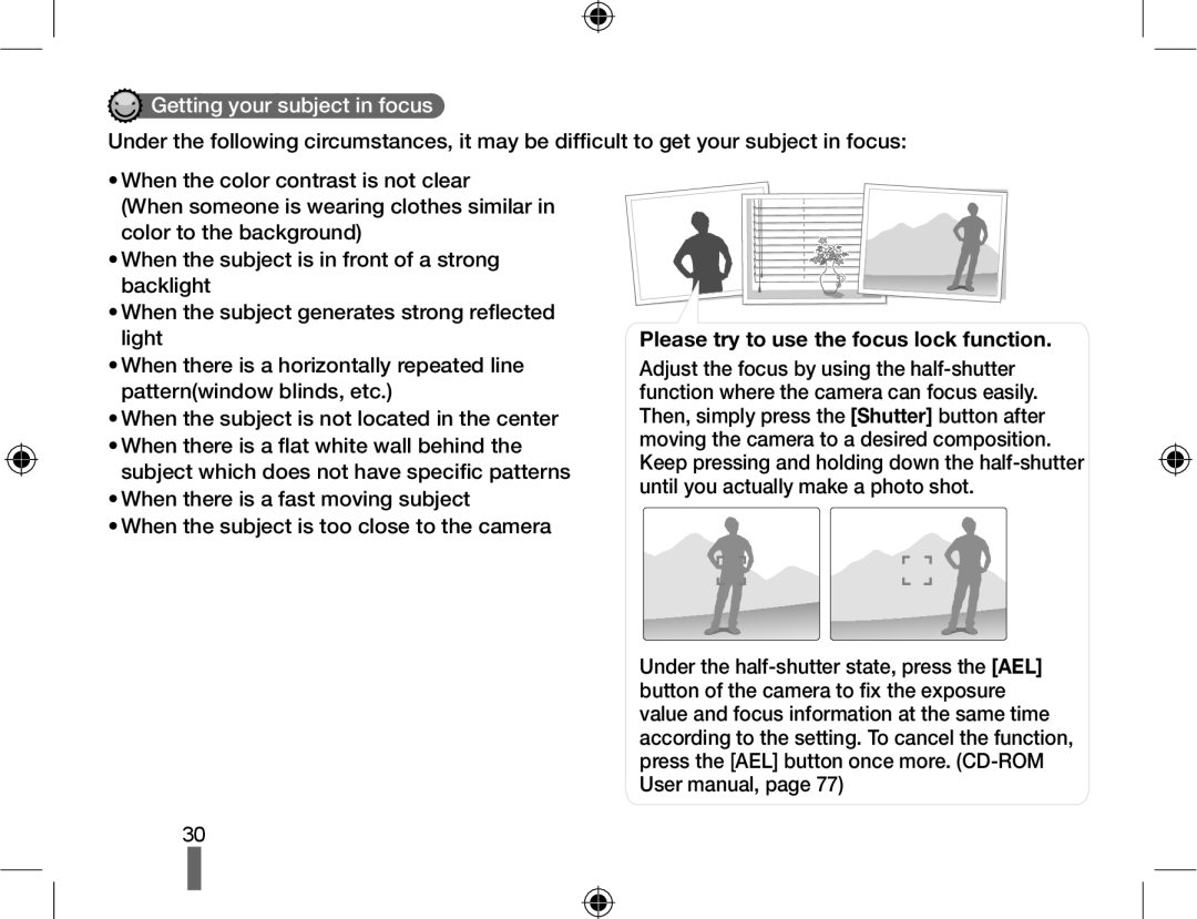 Samsung EV-NX10ZZBCBSA, EV-NX10ZZBABZA manual Getting your subject in focus, Please try to use the focus lock function 