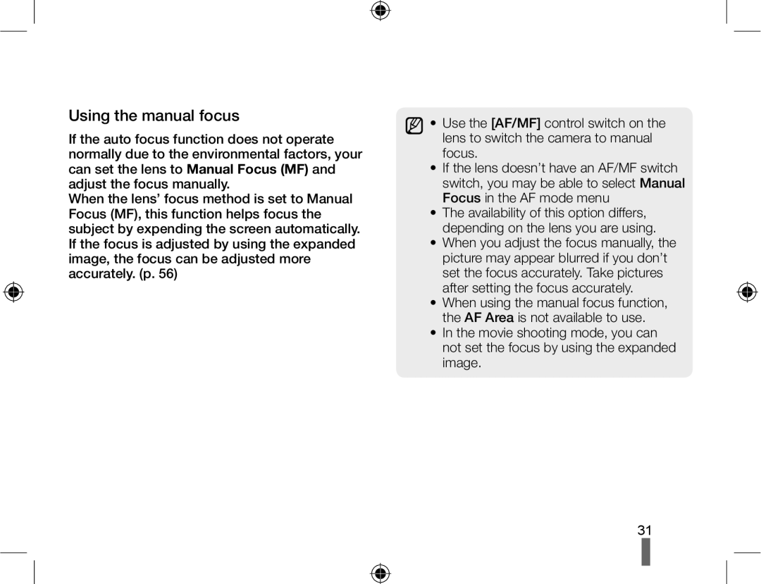 Samsung EV-NX10ZZBABME, EV-NX10ZZBABZA, NX10RHZA03/SUK, NX10PRTV04/SUK, NX10PRTV04/SEG, EV-NX10ZZBABDE Using the manual focus 