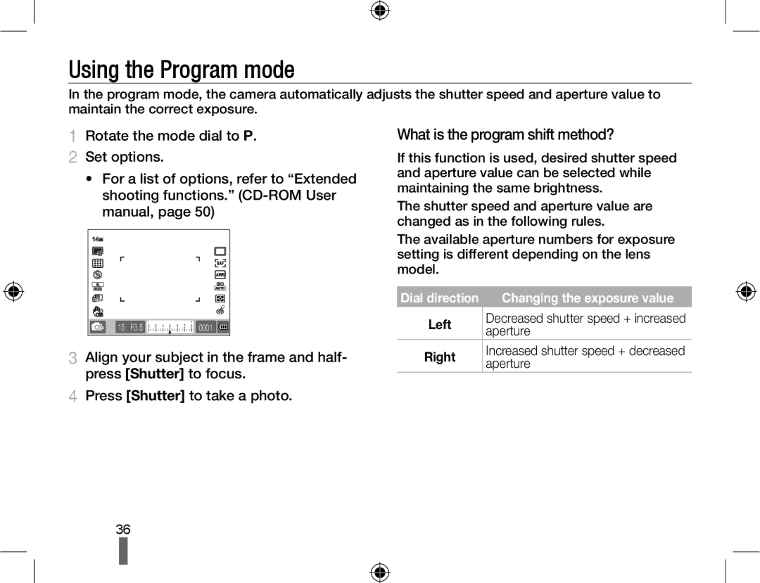 Samsung EV-NX10ZZBCBCZ Using the Program mode, What is the program shift method?, Rotate the mode dial to P Set options 