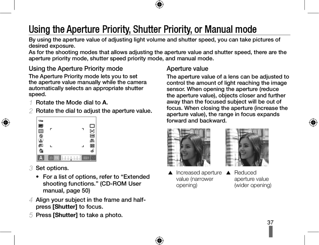 Samsung EV-NX10ZZBABPL, EV-NX10ZZBABZA, NX10RHZA03/SUK manual Using the Aperture Priority mode, Aperture value, Opening 