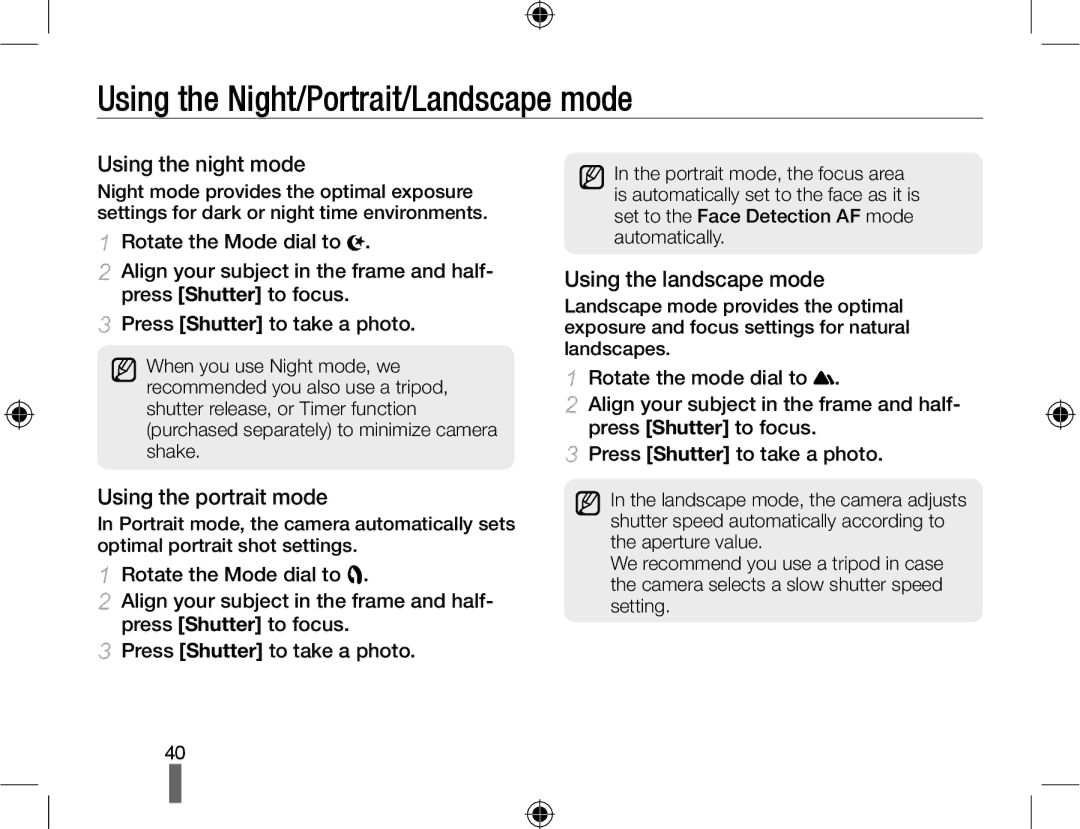 Samsung EV-NX10ZZBABRU manual Using the Night/Portrait/Landscape mode, Using the night mode, Using the portrait mode 